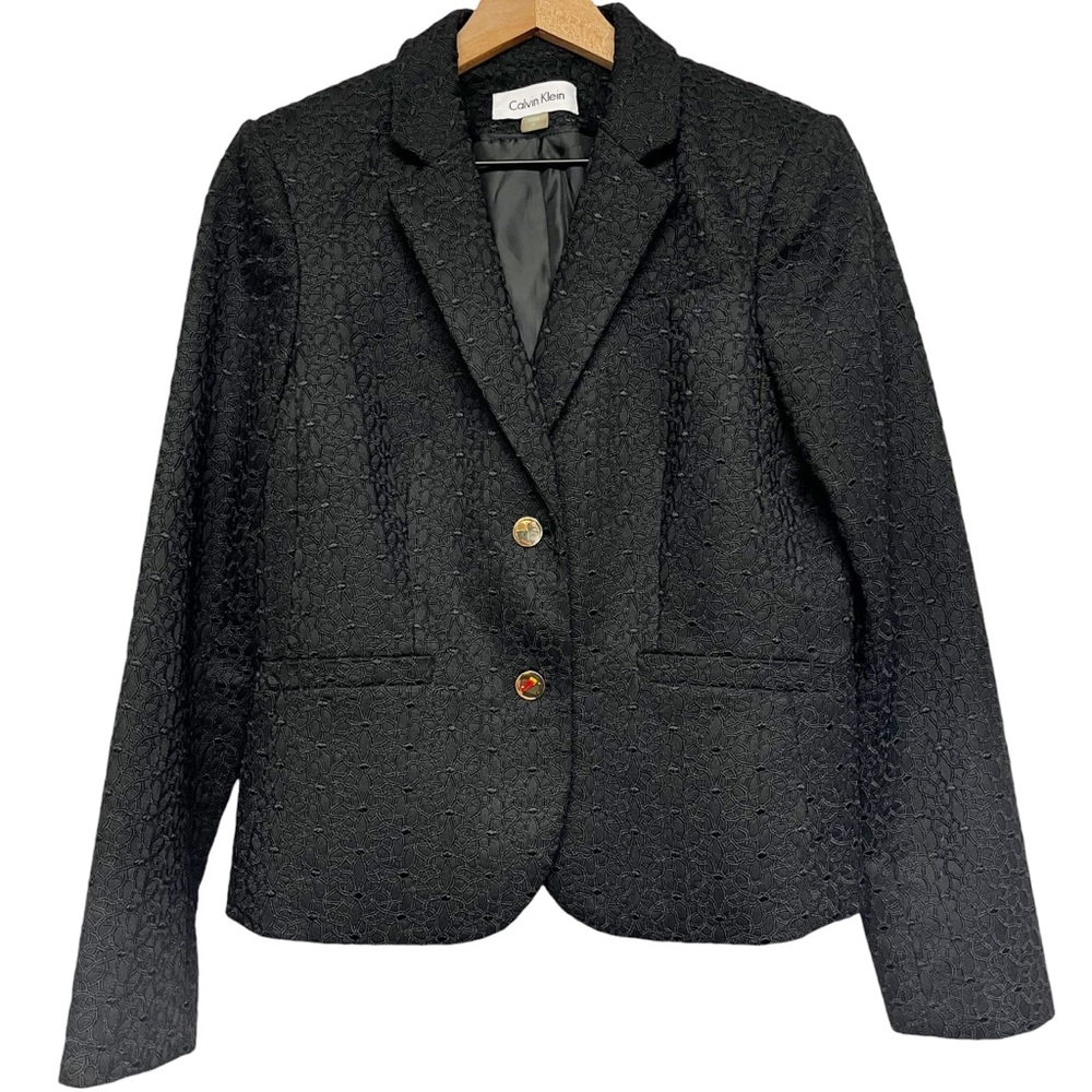 Calvin Klein Womens Black Floral Applique Covered Blazer Jacket Size 10 Career
